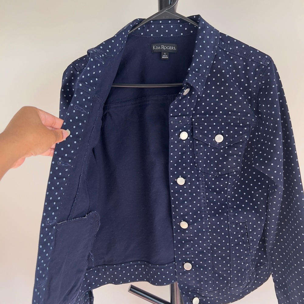 Kim Rogers Womens Navy Blue Polka Dot Denim Feel Trucker Jacket Size S